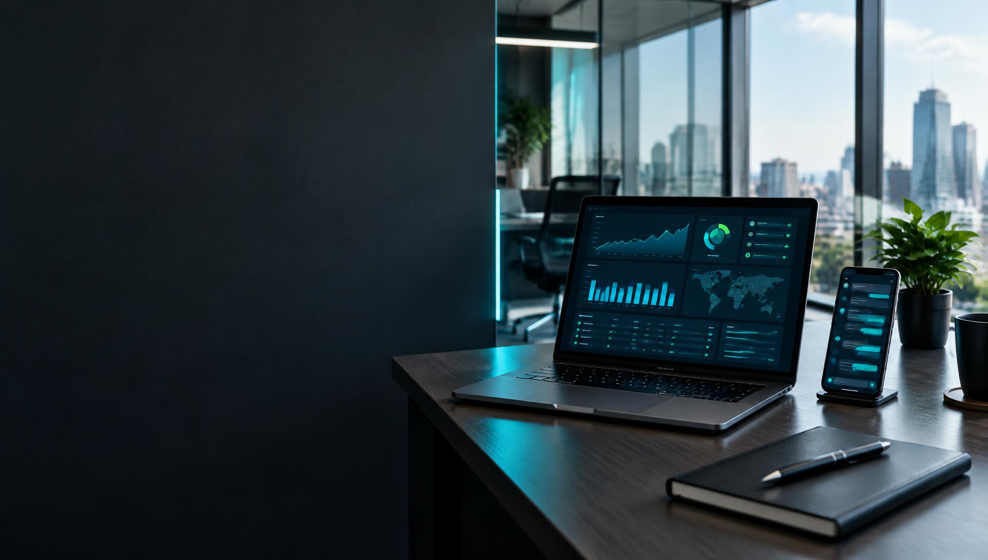 Notebook com painel de operação e celular em uma mesa de trabalho; imagem ilustrativa